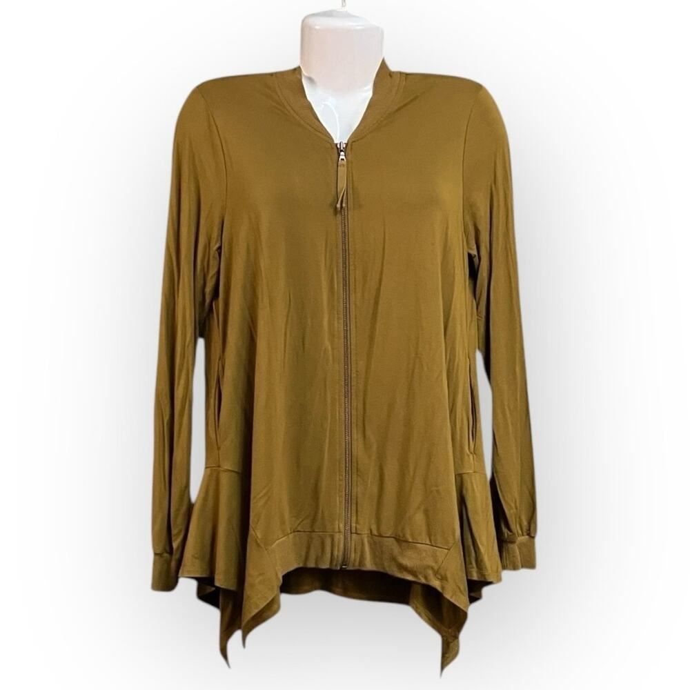 LOGO by Lori Goldstein Women's Brown Rayon 230 Bomber Cardigan w Rib Detail SZ S